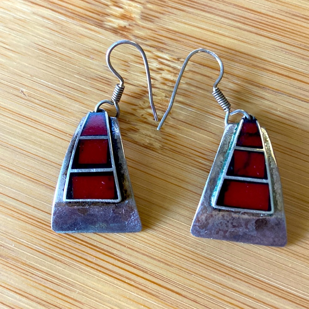 Vintage 925 Silver Red Enamel Dangle Earrings